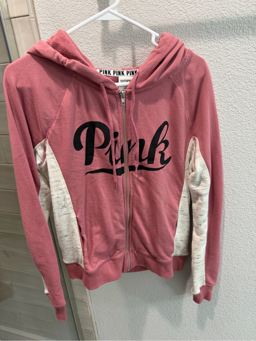 Victoria's Secret Pink Dusty Rose Zip-Up Hoodie with Cream Panels